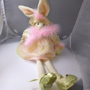 Vintage Style Pastel Easter Bunny Shelf Sitter Plush Doll Pink Yellow Green